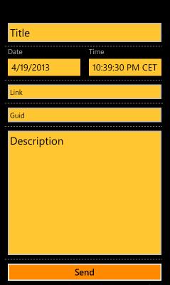 Tyto komponenty zpřístupňuje knihovna Windows Phone Toolkit Controls a nazývají se DatePicker a TimePicker. Obrázek 5.6: Hlavní obrazovka. Obrázek 5.7: Obrazovka pro odeslání článku.