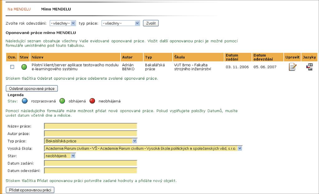 Práce oponované: Na MENDELU do této záložky jsou oponované práce vkládané automaticky z aplikace Závěrečné práce. Jejich seznam (obr.