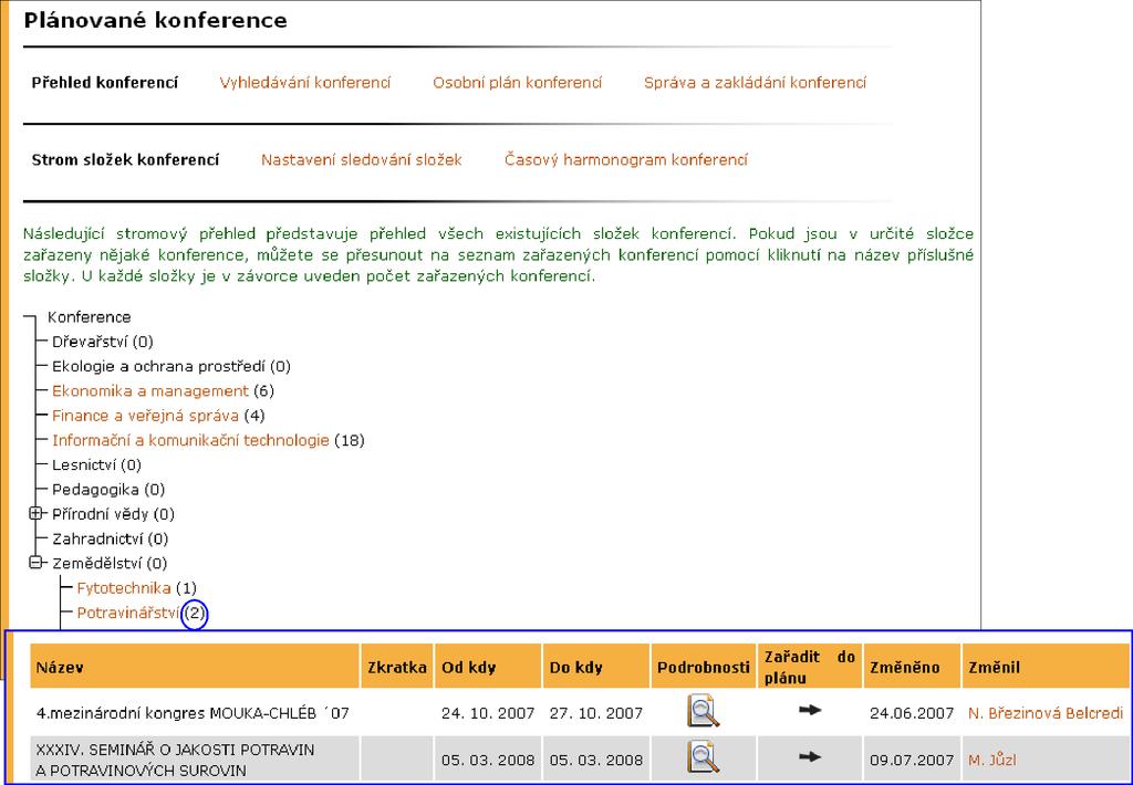 15 Plánované konference Aplikace Plánované konference umožňuje plánovat konference v předem definovaných oborech. Uživatel si tvoří svůj plán absolvování konferencí.