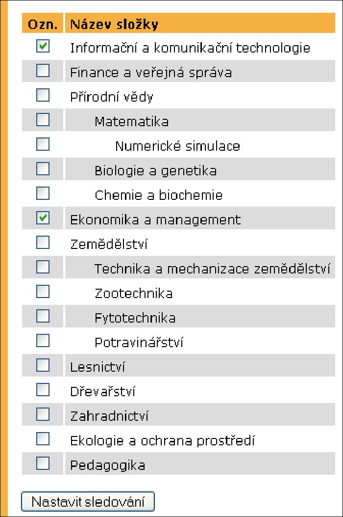 15 PLÁNOVANÉ KONFERENCE Sledování složek se nastavuje v záložce Nastavení sledování složek. Zde je zobrazen přehled všech existujících složek konferencí. Zaškrtnutím políčka ve sloupci Ozn.