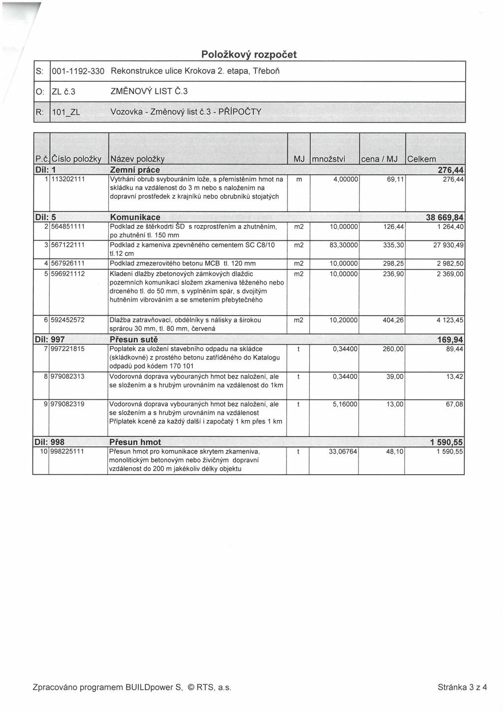 Položkový rozpočet S: 001-1192-330 Rekonstrukce ulice Kroková 2. etapa, Třeboň 0: ZL č.3 ZMĚNOVÝ LIST Č.3 R: 101_ZL Vozovka - Změnový list č.3 - PŘÍPOČTY P.