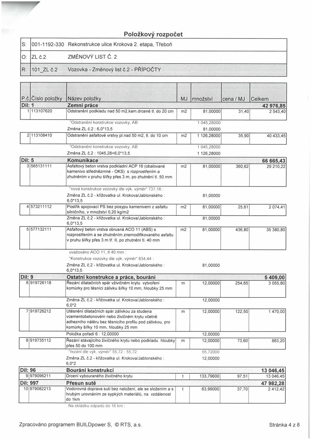 Položkový rozpočet S: 001-1192-330 Rekonstrukce ulice Kroková 2. etapa, Třeboň 0: ZL č.2 ZMĚNOVÝ LIST Č. 2 R: 101_ZL č.2 Vozovka - Změnový list č.2 - PŘÍPOČTY P.