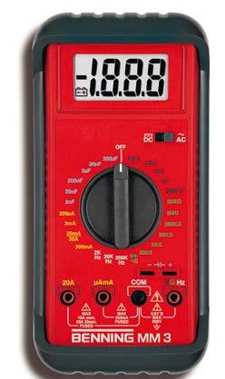 (topenáři a klimatizační technici) (MM 2, MM 3) Automatická a manuální volba měřicího rozsahu Dodávka včetně gumového obalu, brašny, baterií a měřicích kabelů BENNING MM 4 s nasazovacími proudovými