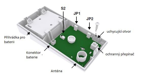 Rychlý / pomalý režim JP1 Pomalý režim Rychlý režim LED zpětná vazba JP2 Poplach Nízký stav baterie Přenos signálu potřebného pro spuštění poplachu.