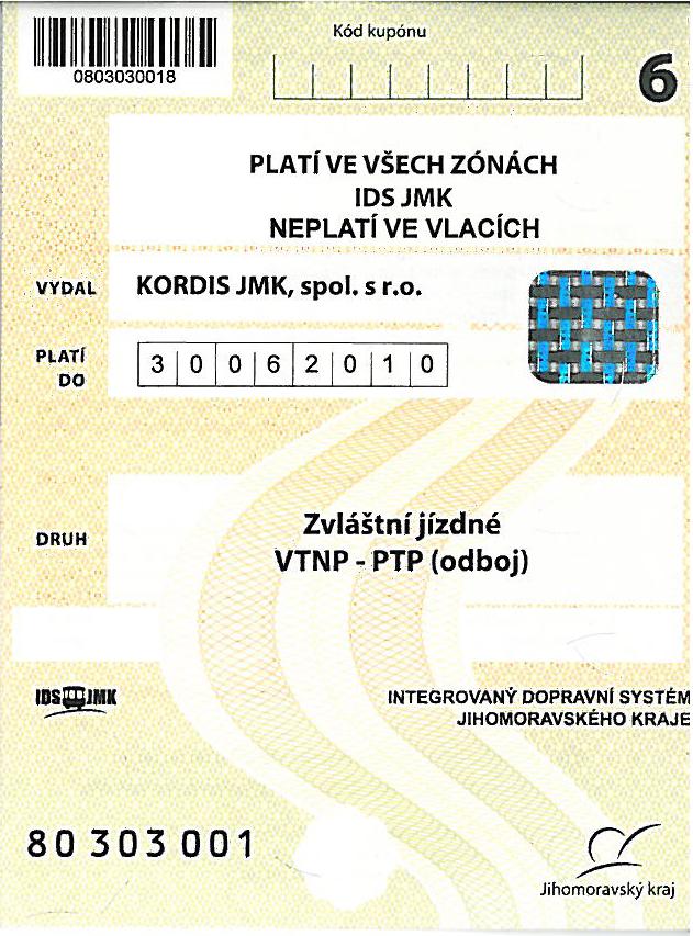 Kupón pro PTP/VNTP s platností ve všech zónách mimo vlaků Platí do vyznačeného data ve všech