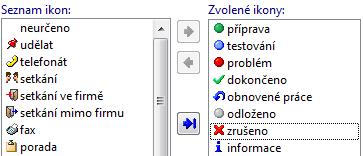 Jako první z vlastností projektu nastavujeme ikonu (fázi) a status (kategorii). Ikona nejčastěji představuje fázi, ve které se projekt nachází (příprava, průběh, dokončeno, zrušeno atd.). Statusem můžeme dělit projekty do různých kategorií a určovat barvu textu projektu v podpůrných seznamech a tabulkách.