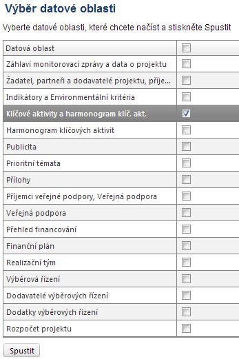 Informace o projektu a MZ (II.) Tlačítko slouží k načtení dílčích dat do MZ z IS Monit7+.