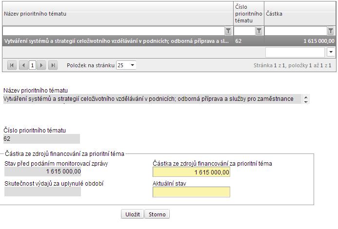 Prioritní téma Částka ze zdrojů financování za prioritní téma povinné pole, do kterého se vyplňuje částka ze zál. Zdroje financování, z pole Příspěvek ze strukturálních fondů.