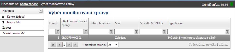 Výběr monitorovací zprávy Z přehledové tabulky vyberte MZ nebo ŽoP, na které chcete pracovat.