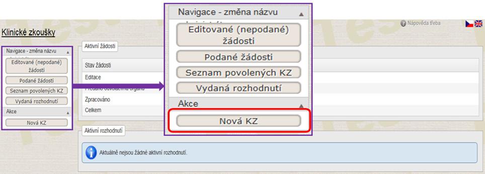 Zobrazí se formulář pro podání nové žádosti o povolení provedení klinické zkoušky.