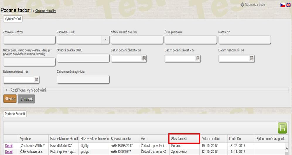 kliknutím na tlačítko Hledat se podané žádosti vyfiltrují. 2.3.1.