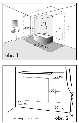 k nábytku, musí být minimálně 100 mm a směrem nahoru minimálně 100 mm (viz. obr. 2). V koupelnách musí být panel instalován ve shodě s ČSN 33 2000-7-701 a smí být umístěn v souladu s obr.