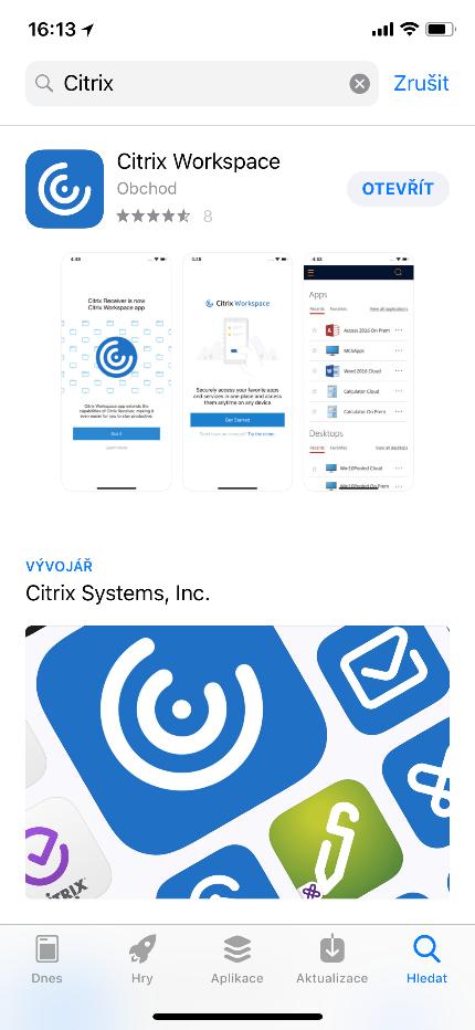 c) po dokončení instalace spusťte aplikaci tlačítkem Otevřít (Citrix Workspace je náhrada za Citrix Reciever) d) zadejte