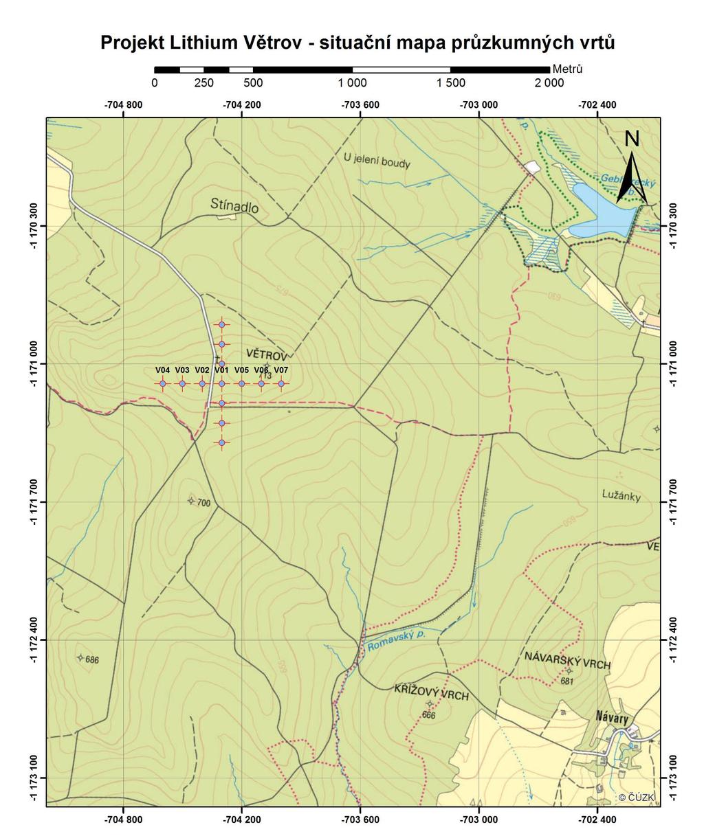 Označení vrtů Souřadnice X (S-JTSK) Souřadnice Y (S-JTSK) Nadmořksá výška Z (m.n.m) V01-704300 -1171100 709 V02-704400