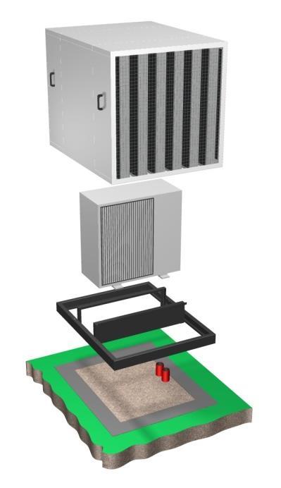 6. Správná instalace krytu a jednotky: Správná instalace jednotky s krytem začíná vhodným výběrem místa (1), které umožní tepelnému čerpadlu nebo chladicí jednotce (6) správně přivádět a odvádět