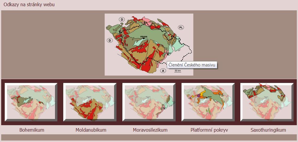 Odkazy na další stránky Dále na úvodní straně pod bannerem s profilem geologického parku je umístěn obrázek fungující jako odkaz na internetovou stránku popisující Český masiv.