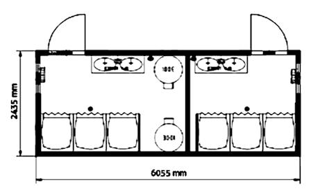 SPRCHOVÝ KONTEJNER JOHNNY Sprchový kontejner rozdělený na pánskou a dámskou část Sprchový kontejner rozdělený na pánskou a dámskou část, z nichž každá je vybavena třemi sprchovými kouty a dvěma