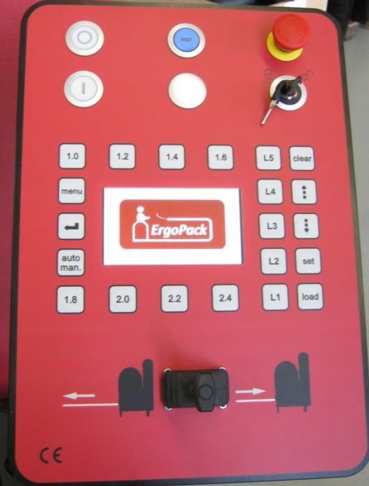 4.2 Ovládací panel páskovacího stroje Tlačítko Vypnuto Tlačítko Zapnuto Nouzový vypínač Tlačítko "Reset" Klíčový spínač Dotykový panel s funkčními tlačítky k obsluze v rukavicích Barevný