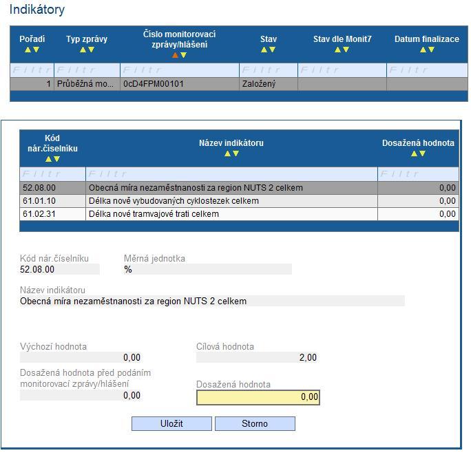 3 Indikátory projektu Na záložce Indikátory projektu se příjemce vyjádří k dosaženým hodnotám u indikátorů, které si u projektu vybral, a to tak, že do pole Dosažená hodnota doplní aktuální hodnotu