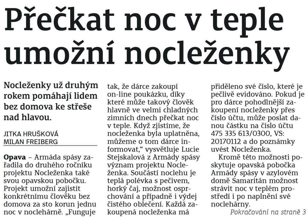 Opavský a hlučínský deník Přečkat noc v teple umožní nocleženky 7.12.2017 Opavský a hlučínský deník str.