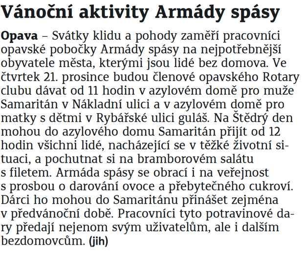 Vánoční aktivity Armády spásy 8.12.2017 Opavský a hlučínský deník str.