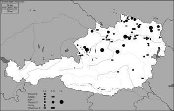 Karte 1. Funde von Prager Groschen (bis 1500) in Österreich. Einige Funde mit unzureichenden Angaben, insbesondere des 15. Jahrhunderts, sind nicht berücksichtigt.