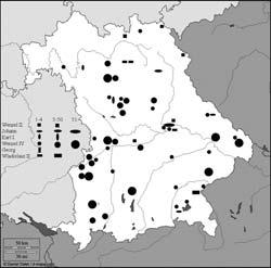 Karte 2. Funde von Prager Groschen (bis 1500) in Bayern. Einige Funde mit unzureichenden Angaben, insbesondere des 15. Jahrhunderts, sind nicht berücksichtigt.