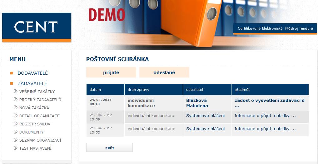 Obrázek č. 28 Přijatá žádost o vysvětlení zadávací dokumentace v individuální komunikaci Obrázek č.