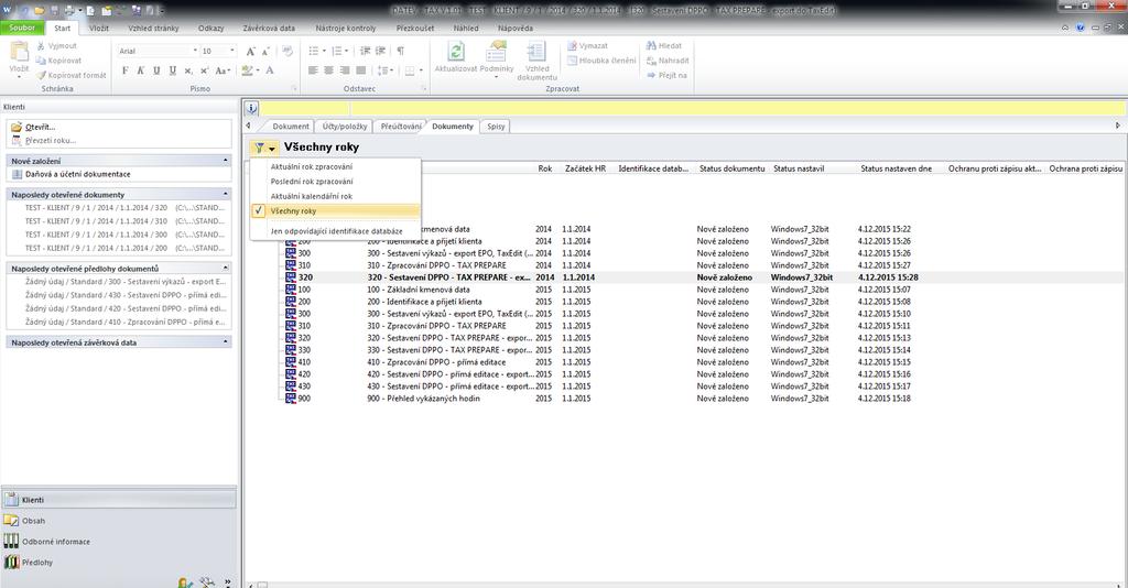 Aktuální zpracovávaná dokumentace jednoho klienta za dva roky, včetně stavu rozpracovanosti umožněno rychlé listování mezi dokumenty.