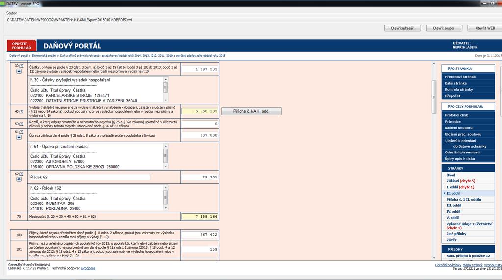 Automatický převod hodnot zpracovaných v dokumentaci DATEV TAX do formuláře v programu TaxEdit.