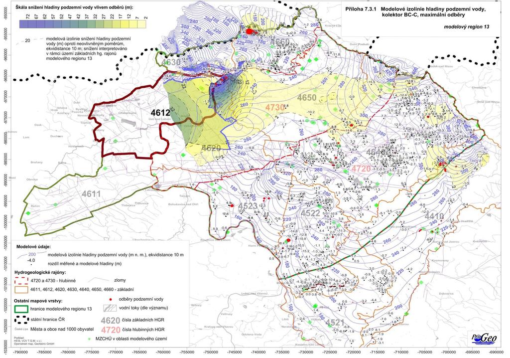 Obrázek 6-34 Modelové izolinie hladiny podzemní vody,