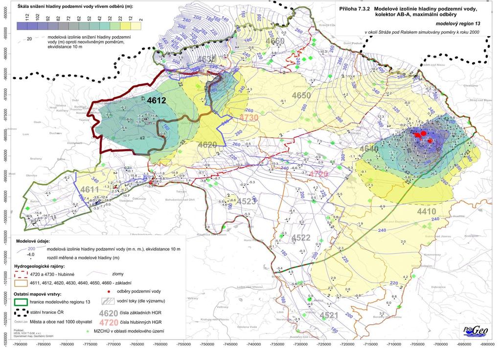 Obrázek 6-35 Modelové izolinie hladiny podzemní vody,