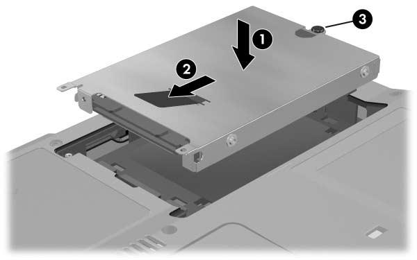 Hardwarové součásti Vložení jednotky pevného disku: 1. Vložte pevný disk do pozice pevného disku na spodní straně notebooku 1. 2.