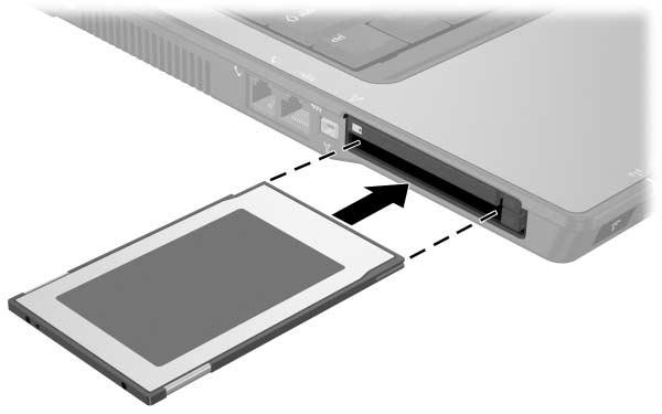 Hardwarové součásti Vložení karty PC ÄUPOZORN NÍ: Chcete-li zabránit poškození konektor, dodržujte následující pokyny: P i vkládání karty PC do odpovídajícího slotu používejte pouze minimální tlak.