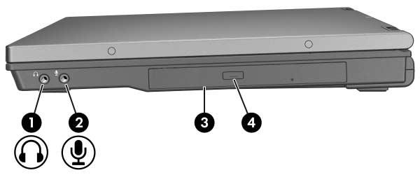 Funkce notebooku Součást 1 Zásuvka zvukového výstupu (pro sluchátka) 2 Zásuvka zvukového vstupu (pro mikrofon) 3 Optická jednotka (pouze u vybraných modelů) 4 Tlačítko optické jednotky (pouze u