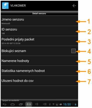 3.5.5 Detail senzoru Po stištění konkrétního řádku v jakémkoli ze seznamů jsou zobrazeny detailní informace o zvoleném senzoru.
