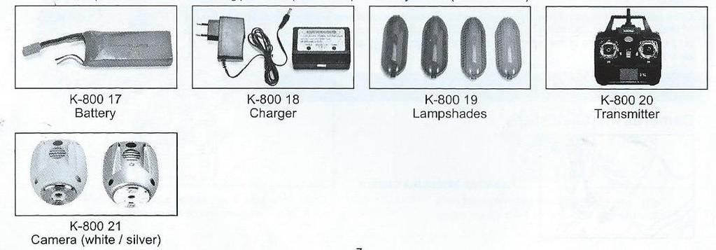 Receiver board- deska přijímače Battery- baterie Charger- nabíječka Lampshades- kryty světel