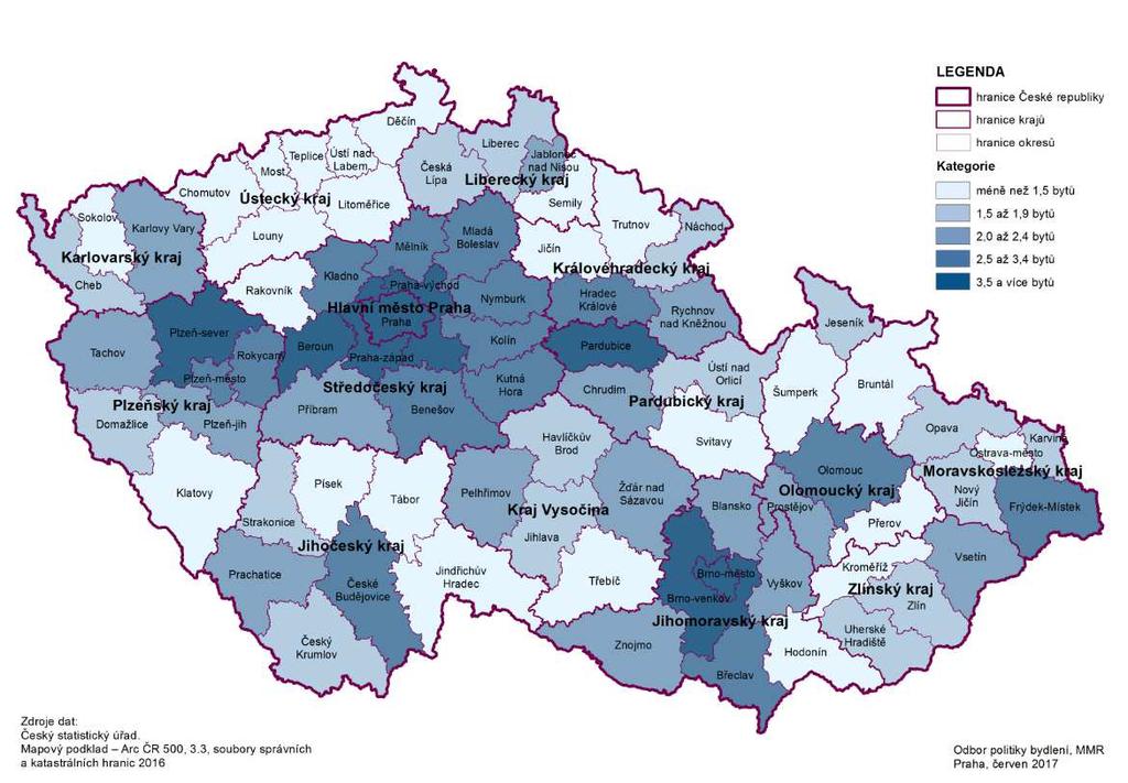 Počet dokončených bytů v roce 2016 v