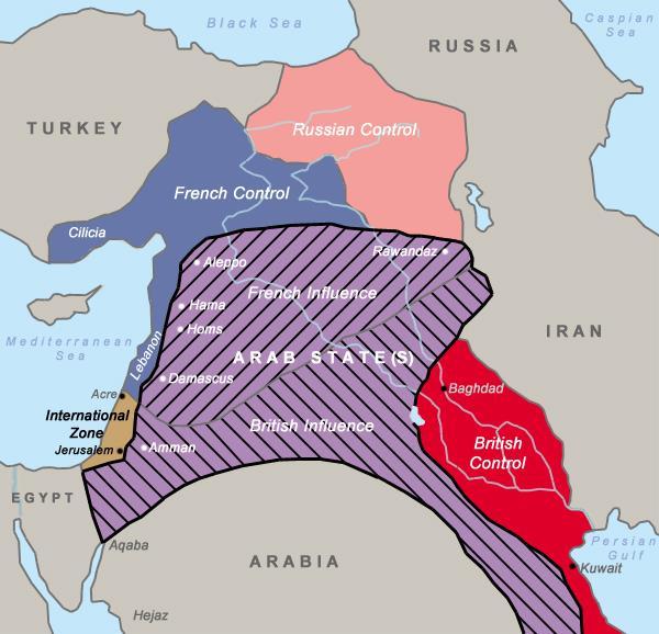 8 PŘÍLOHY 1) Mapa rozdělení vlivu dle Sykes-Picotovy dohody z roku1916 Zdroj: