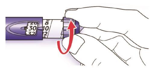 E. Úplně stlačte injekční tlačítko. Zkontrolujte, zda inzulín vytéká z hrotu jehly. Možná budete muset opakovat kontrolu bezpečnosti několikrát, dokud se neobjeví inzulín.