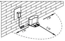 Používání robotického vysavače Nabíjení 1 Umístění nabíjecí základny Umístěte nabíjecí základnu ke zdi a odstraňte všechny předměty ve vzdálenosti 1 m na obě strany a 2 m před základnou, aby nebyl