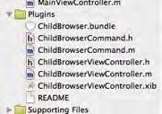Postup instalace je následující: 1. Označte všechny soubory s koncovkou.m,.h, a.bundle z adresáře ChildBrowser a zkopírujte je do adresáře Plugins ve svém Xcode projektu. Obrázek č.
