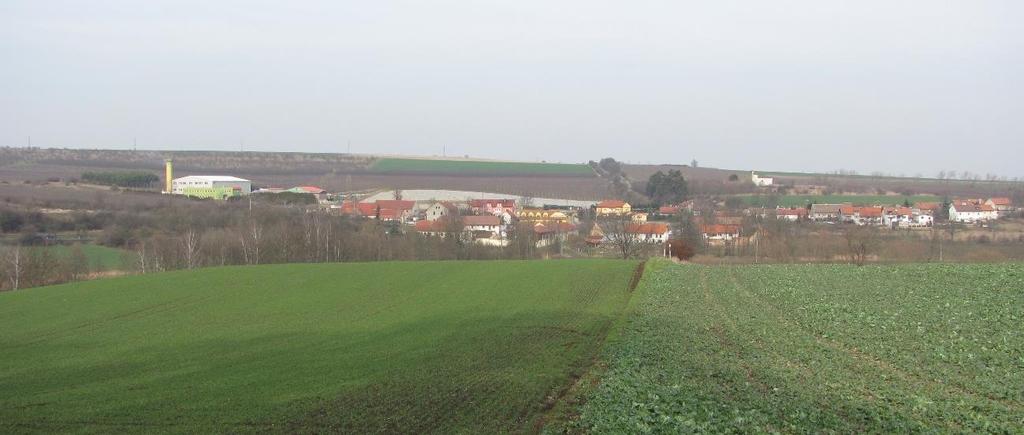 Obr. 3.1 Pohled od Drnova směrem k obci Vítov Ovocné sady v severní části katastru jsou oplocené a nepřístupné.