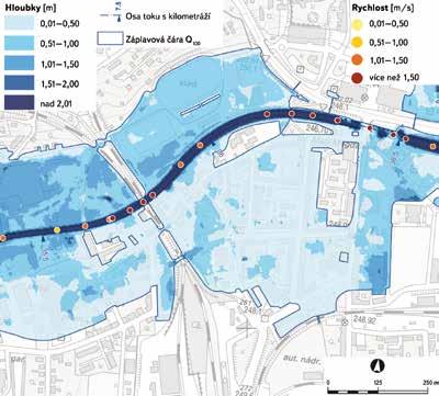 Obr. 2b. Mapa hloubek a bodových rychlostí (výstup 1D modelu při scénáři s dobou opakování 100 let (Q 100 Fig. 2b. Water depth and flow velocity map (1D model output for flood with return period 100 years (Q 100 Obr.