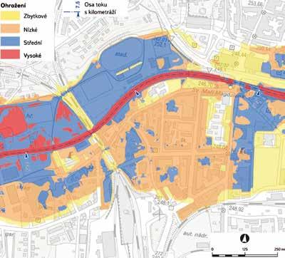 Flow velocity map for flood with return period 100 years (Q 100 output of 2D model Kategorie ohrožení (4 Vysoké (červená barva (3 Střední (modrá barva (2 Nízké (oranžová barva (1 Zbytkové (žlutá