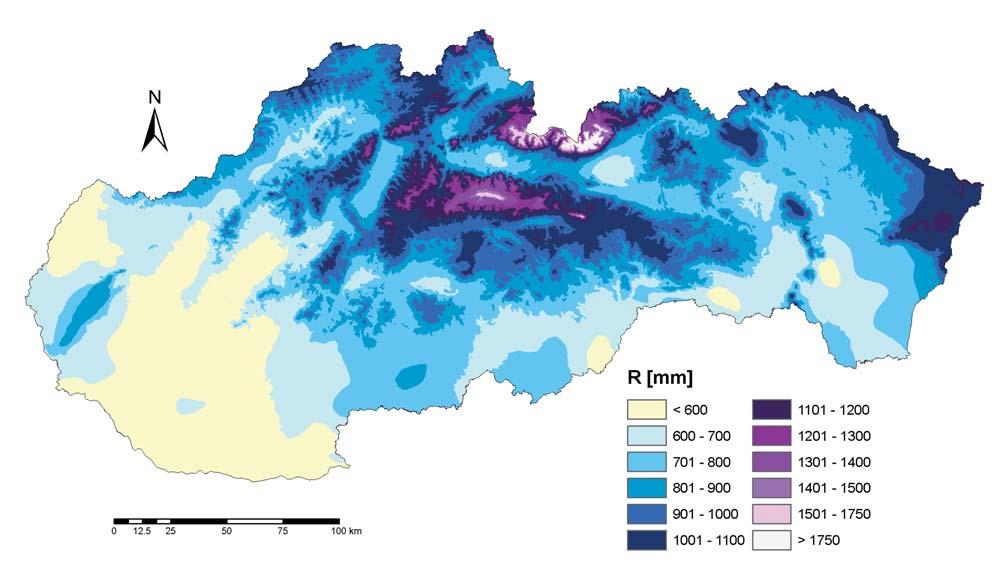 Mapa 6. Ročný úhrn atmosferických zrážok (mm) na Slovensku v roku 2008 Ročné odtečené množstvo v SR v roku 2008 dosiahlo 79 % dlhodobého priemeru.