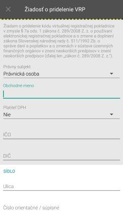 Strana 13 / 107 Obrázok 2: Žiadosť o pridelenie VRP právnická osoba 3.2.2 Ukončenie VRP na žiadosť podnikateľa Touto žiadosťou podnikateľ žiada o zrušenie jednej VRP, ktorá je na neho registrovaná.