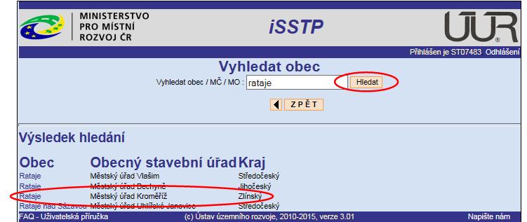 Dle kraje, případně příslušného obecného stavebního úřadu vyberte obec, kterou hledáte, výběrem název obce změní barvu, pak klikněte na její název a dostanete se přímo na hledanou obec v Seznamu