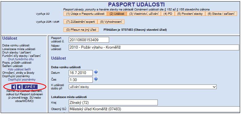 2 Oprava a doplnění Pasportu události Pro opravu a doplnění již založeného Pasportu události zvolte tlačítko Oprava (tlačítko je