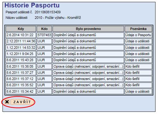 Po rozkliknutí tlačítka Historie Pasportu události se informace o historii zobrazují do nového okna (je na nové záložce internetového prohlížeče), a proto se musí zavírat tlačítkem